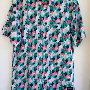 WeSC Summer Oden Tropical Macaw Parrot Pink Green SS Button Down Shirt Mens S